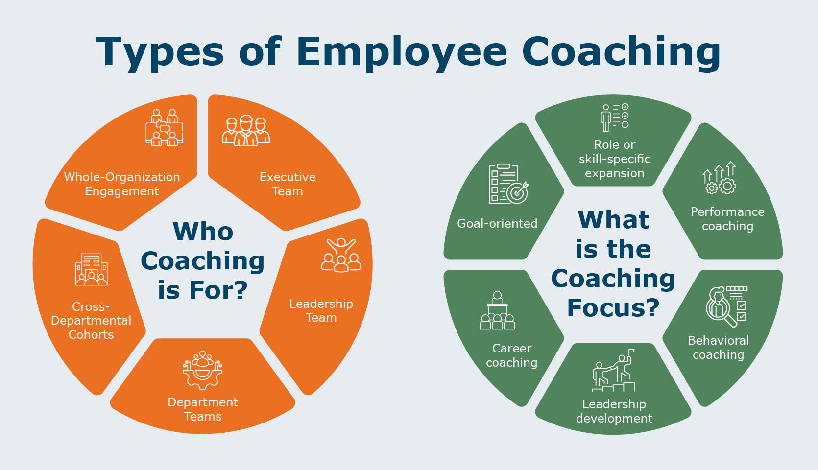 The different types of employee coaching, divided into categories based on who is being trained and what the training is about